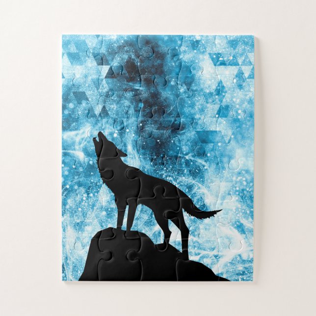 Puzzle Howling Wolf Winter humo azul de nieve Resumen (Vertical)