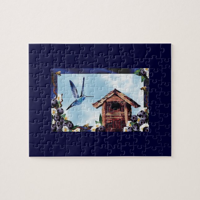 Puzzle Hummingbird, Birdhouse y Blueberries (Horizontal)