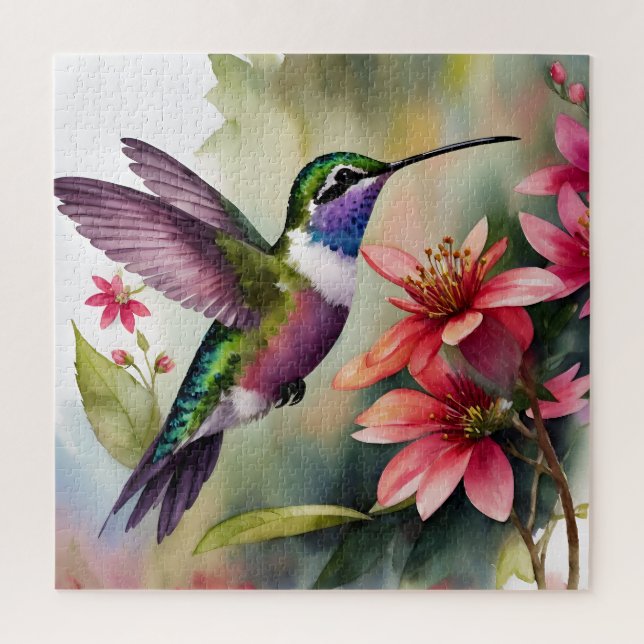 Puzzle Hummingbird Y Flores Acuarela Art (Vertical)