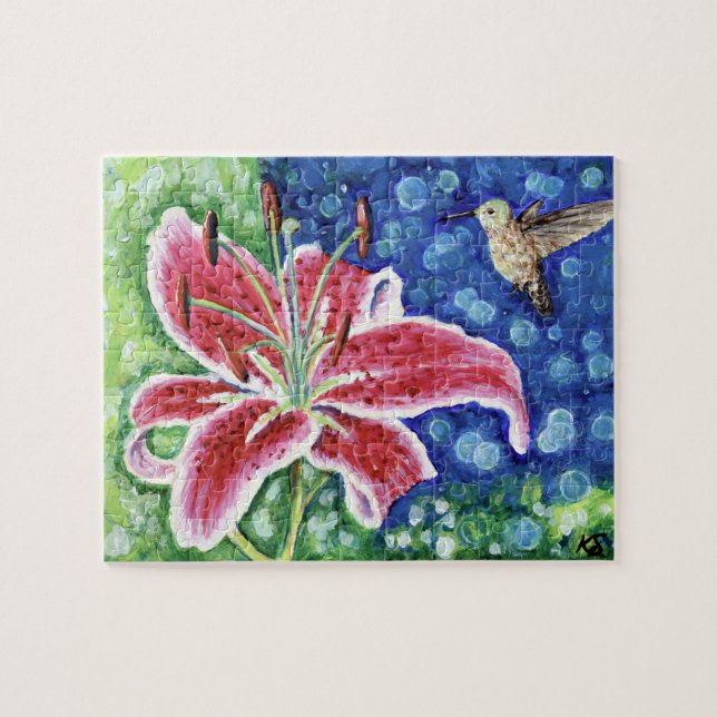 Puzzle Hummingbird y Stargazer Lily Painting (Horizontal)