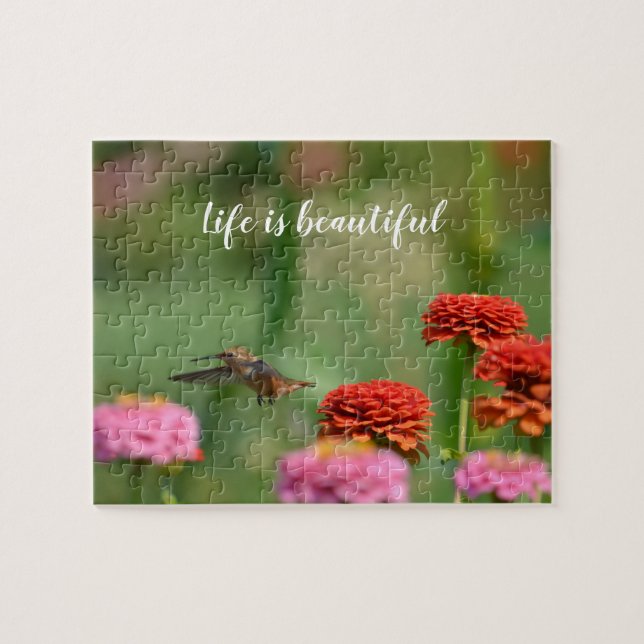 Puzzle Hummingbird Zinnia Flowers (Horizontal)