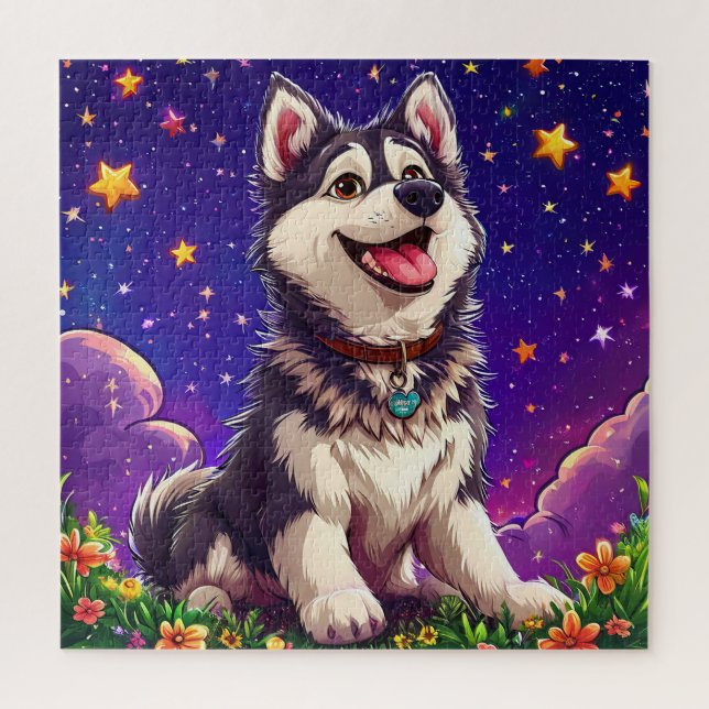 Puzzle Husky Alegre Contra Cielo Estrellado (Vertical)