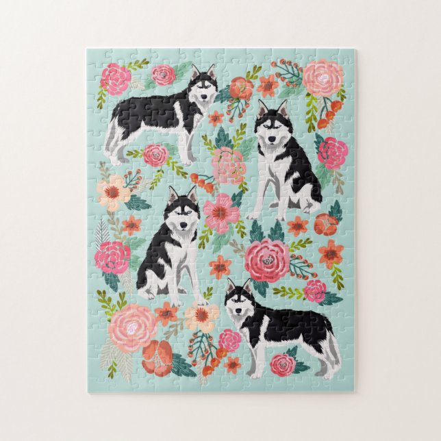 Puzzle Husky Dog Vintage Florals (Vertical)