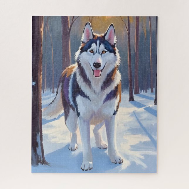 Puzzle Husky | Dog Winter Watercolor Pet Painting (Vertical)