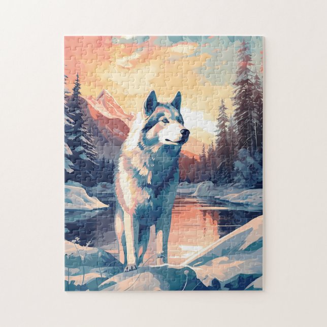 Puzzle Husky en el bosque de nieve en un lago durante la  (Vertical)