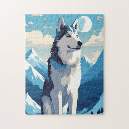 Puzzle Husky en las nevadas montañas