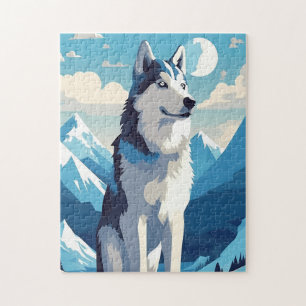 Puzzle Husky en las nevadas montañas