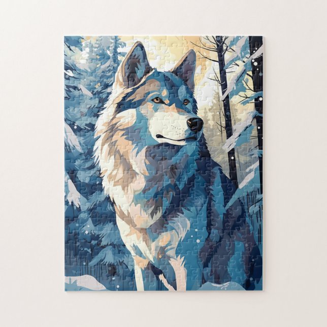 Puzzle Husky en un bosque nevado durante el invierno (Vertical)