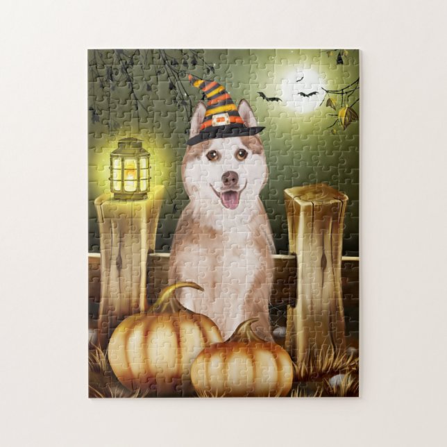 Puzzle Husky siberiano con Halloween, Gorra de brujas (Vertical)