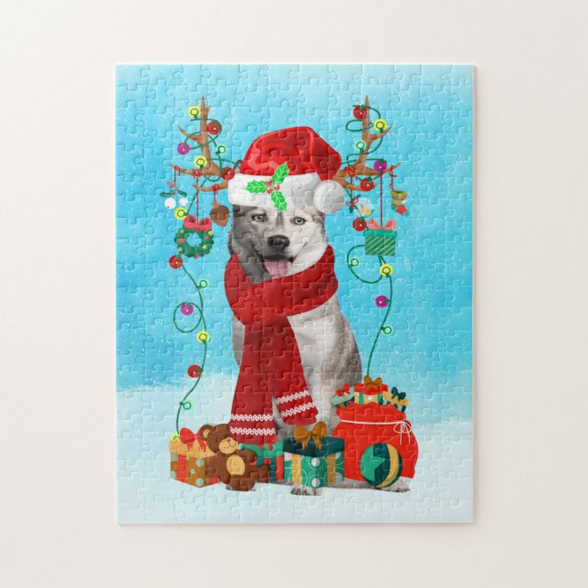 Puzzle husky siberiano en la nieve con regalos de Navidad (Vertical)