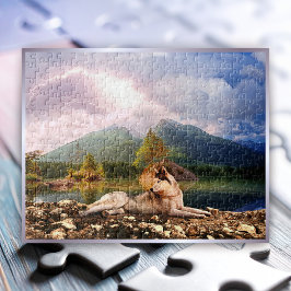 Puzzle Husky siberiano en la orilla del lago en el día to