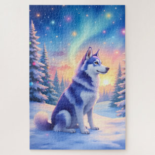 Puzzle Husky Siberiano Luces del Norte Navidad Invierno