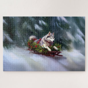 Puzzle Husky siberiano Navidad nieve invierno