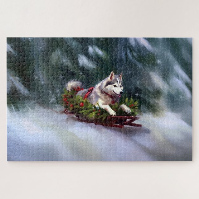 Puzzle Husky siberiano Navidad nieve invierno (Horizontal)