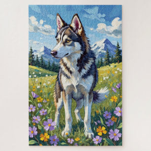 Puzzle Husky Siberiano Pradera de Flores Silvestres de Pr