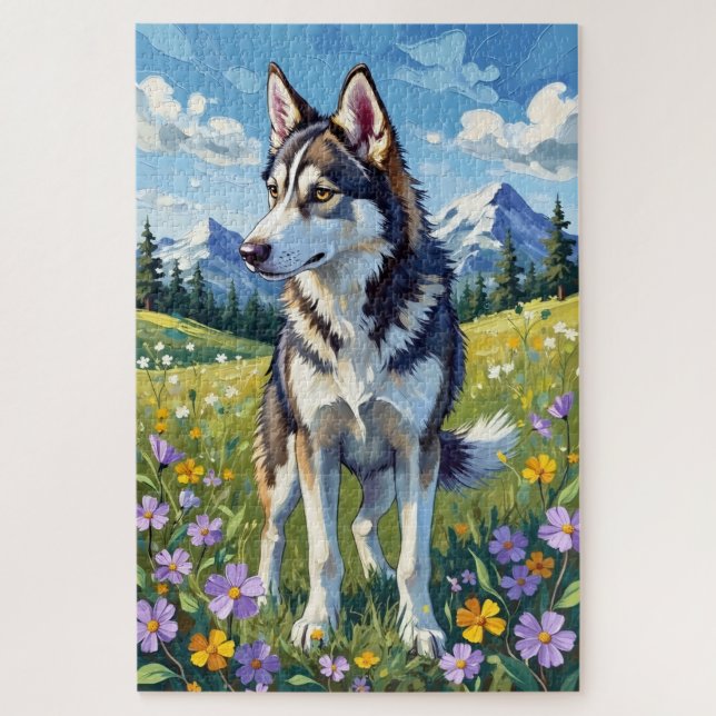 Puzzle Husky Siberiano Pradera de Flores Silvestres de Pr (Vertical)