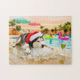 Puzzle Husky sobre rocas en Navidad