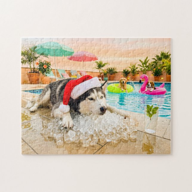 Puzzle Husky sobre rocas en Navidad (Horizontal)