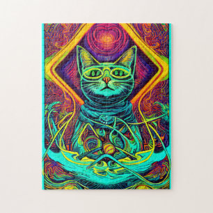 Puzzle Hypnotic Illustration of a Colorful Cat