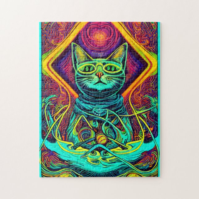 Puzzle Hypnotic Illustration of a Colorful Cat   (Vertical)