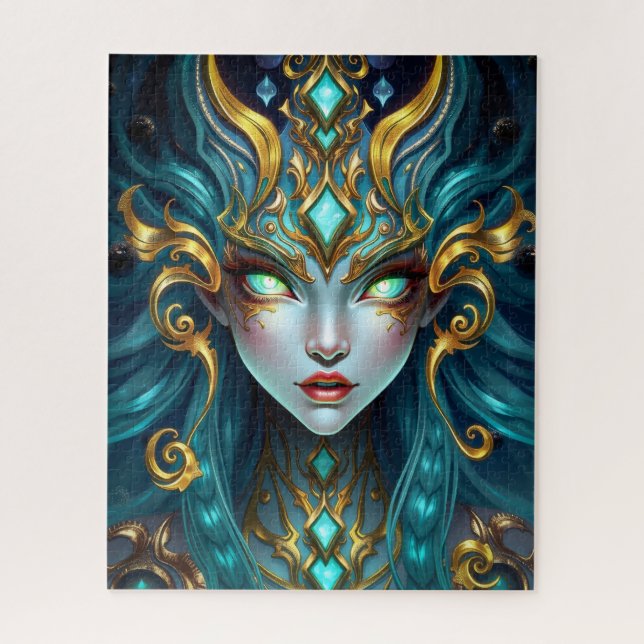 Puzzle Hypnotic Neon Goddess with Glowing Spiral Eyes (Vertical)