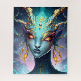 Puzzle Hypnotic Teal Goddess with Glowing Spiral Eyes
