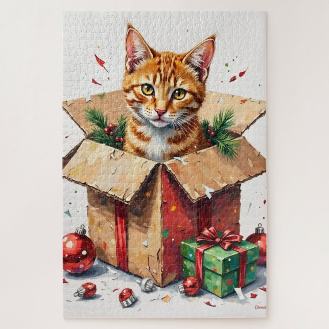 Puzzle I Help Unpack! Funny Cat in Christmas Shipping Box (Vertical)