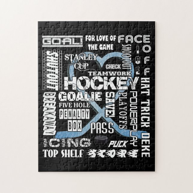 Puzzle Ice Blue Heart Hockey Palabras Logotipo blanco (Vertical)