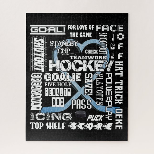 Puzzle Ice Blue Heart Hockey Palabras Logotipo blanco (Vertical)
