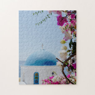Puzzle Icónica Casa Griega Con Dominios Azules En Oia, Sa