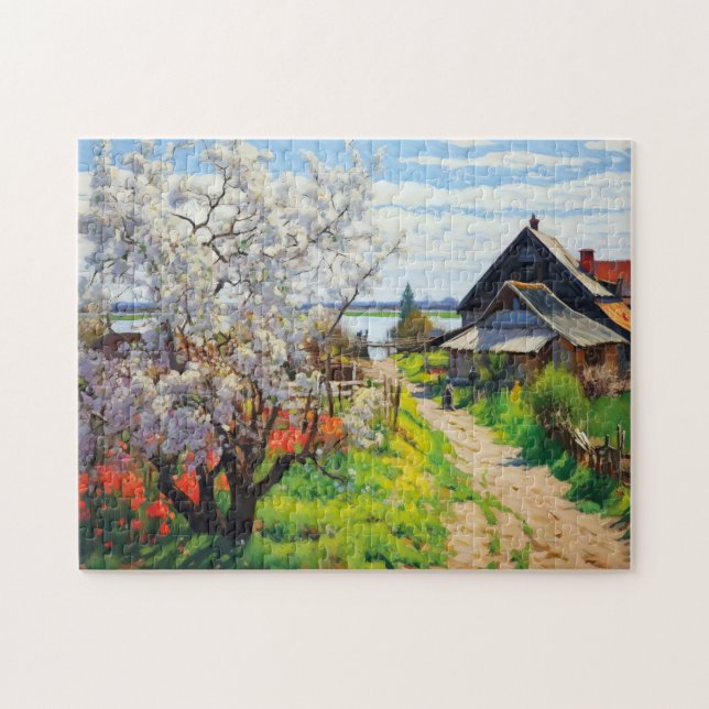 Puzzle Idílica granja de primavera flores de cerezo en Sa (Horizontal)