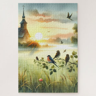 Puzzle Iglesia al amanecer con pájaros en prado brumoso S