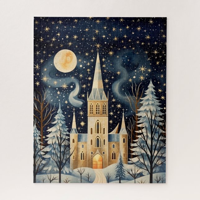 Puzzle Iglesia de invierno con estilo Gouache de época 16 (Vertical)
