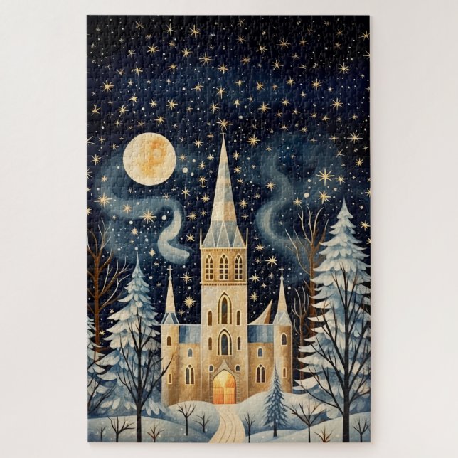 Puzzle Iglesia de invierno con estilo Gouache de época 20 (Vertical)