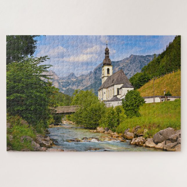 Puzzle Iglesia de montaña con paisaje arrollado (Horizontal)