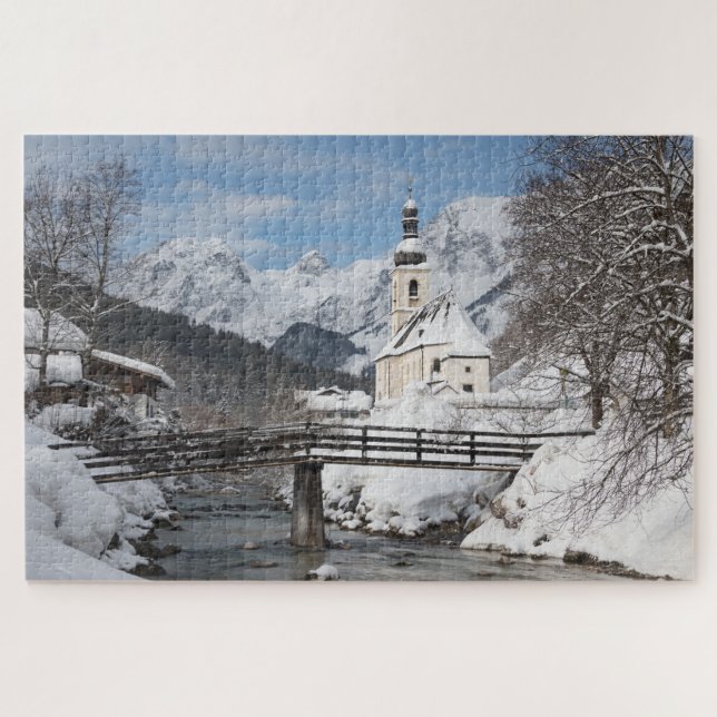 Puzzle Iglesia en la nieve con los Alpes en invierno (Horizontal)