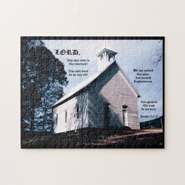 Puzzle Iglesia en una colina con salmo 15:1-2 (Horizontal)