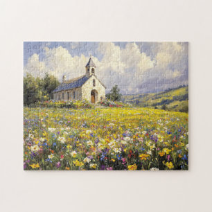 Puzzle Iglesia Rodeada De Pinturas De Flores Silvestres