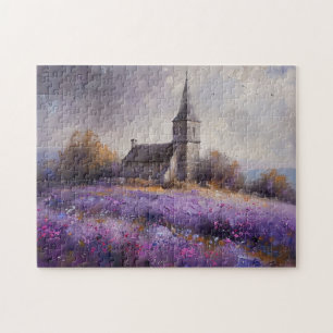 Puzzle Iglesia Rústica y Pintura de campo de flores viole