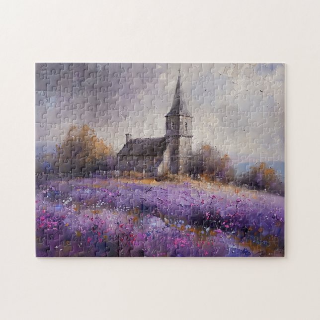 Puzzle Iglesia Rústica y Pintura de campo de flores viole (Horizontal)