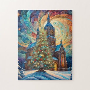 Puzzle Iglesia y árbol de Navidad en estilo moderno