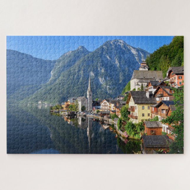Puzzle Iglesia y pueblo de Hallstatt, Austria con Alpes (Horizontal)