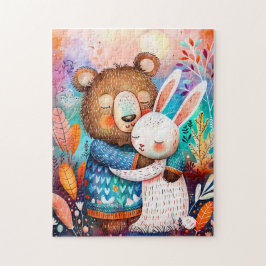 Puzzle Illustration of bear hugging rabbit in forest.