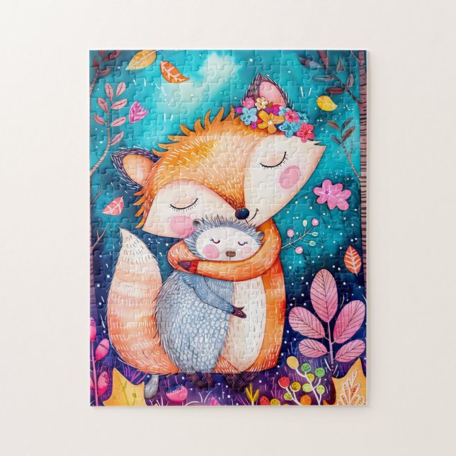 Puzzle Illustration of fox hugging hedgehog in forest. (Vertical)