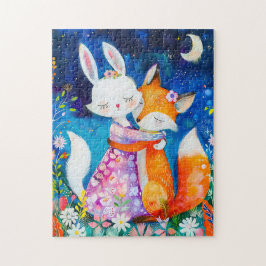 Puzzle Illustration of fox hugging rabbit in the night
