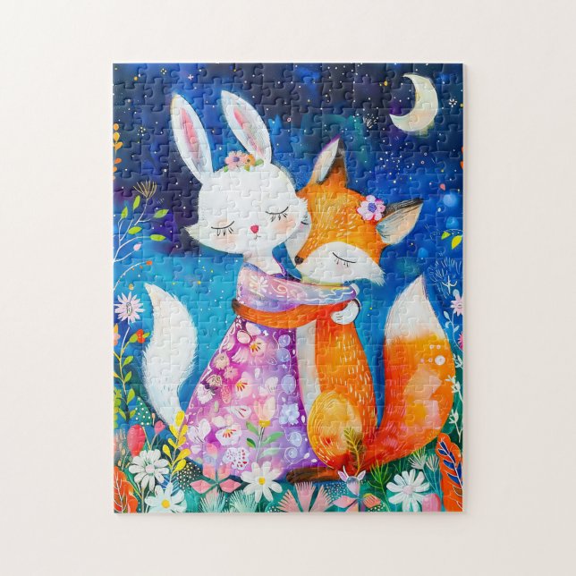 Puzzle Illustration of fox hugging rabbit in the night (Vertical)