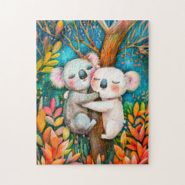 Puzzle Illustration of koalas hugging in eucalyptus fores