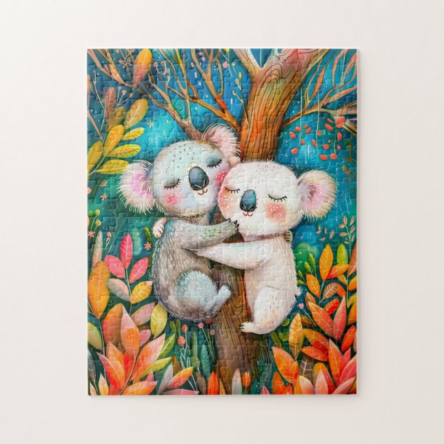 Puzzle Illustration of koalas hugging in eucalyptus fores (Vertical)