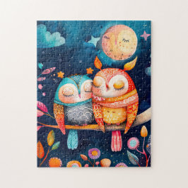 Puzzle Illustration of owls hugging in forest at night