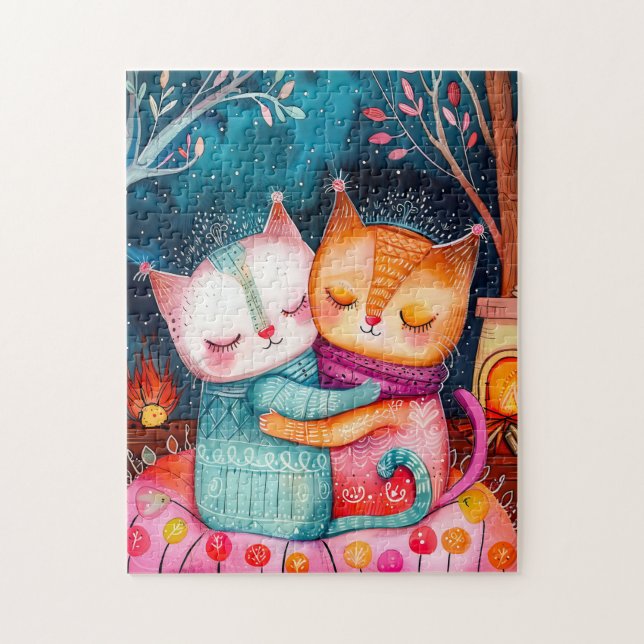 Puzzle Illustration of two cats hugging in a cozy setting (Vertical)